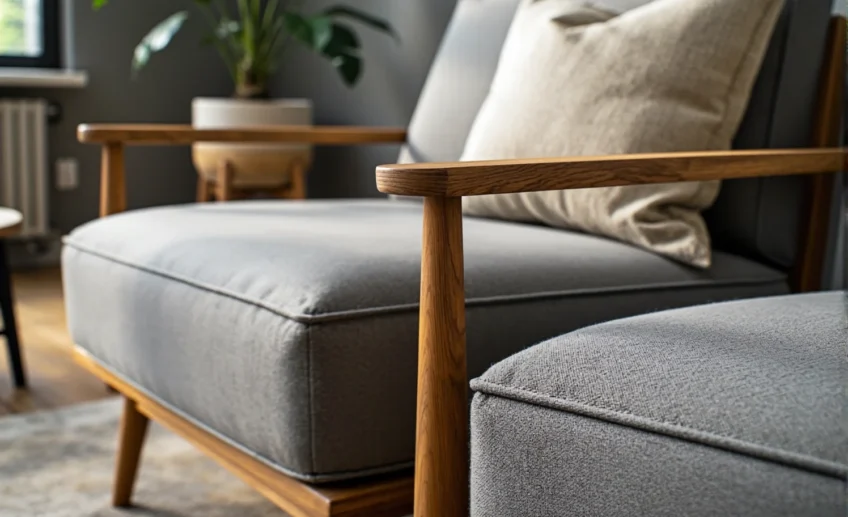 Szary fotel wypoczynkowy z drewnianymi podłokietnikami i pufą