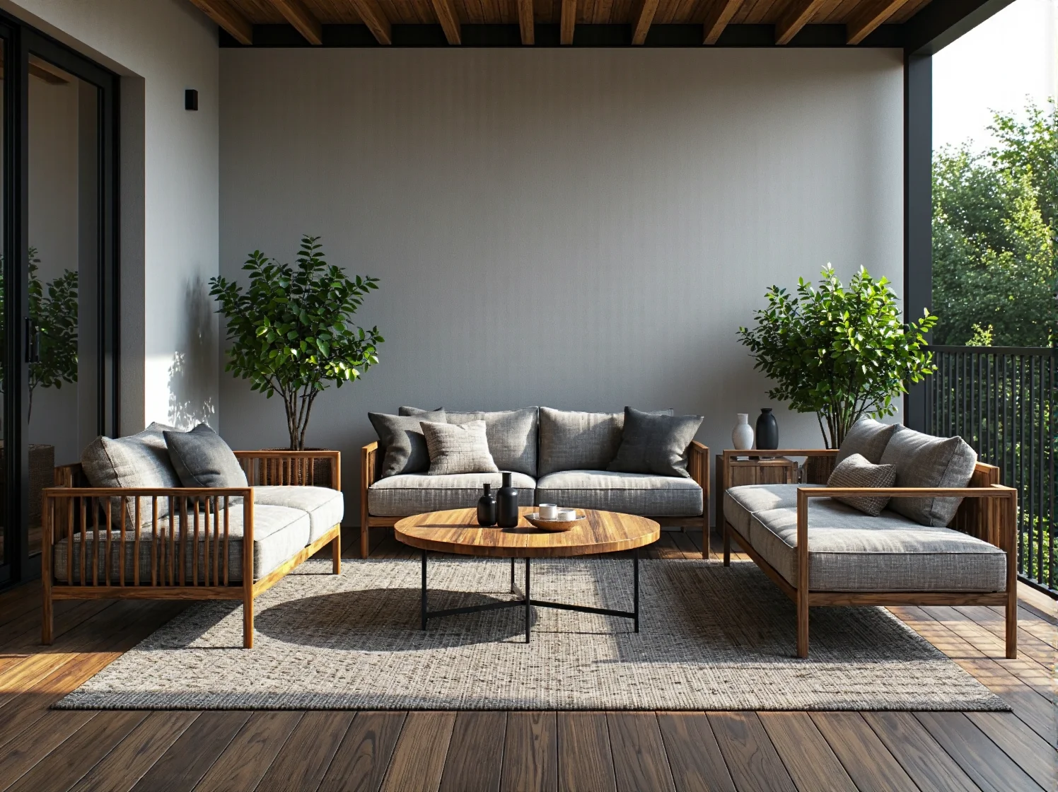 Stalowe barierki i betonowa podłoga jako podstawa balkonu w stylu industrialnym.