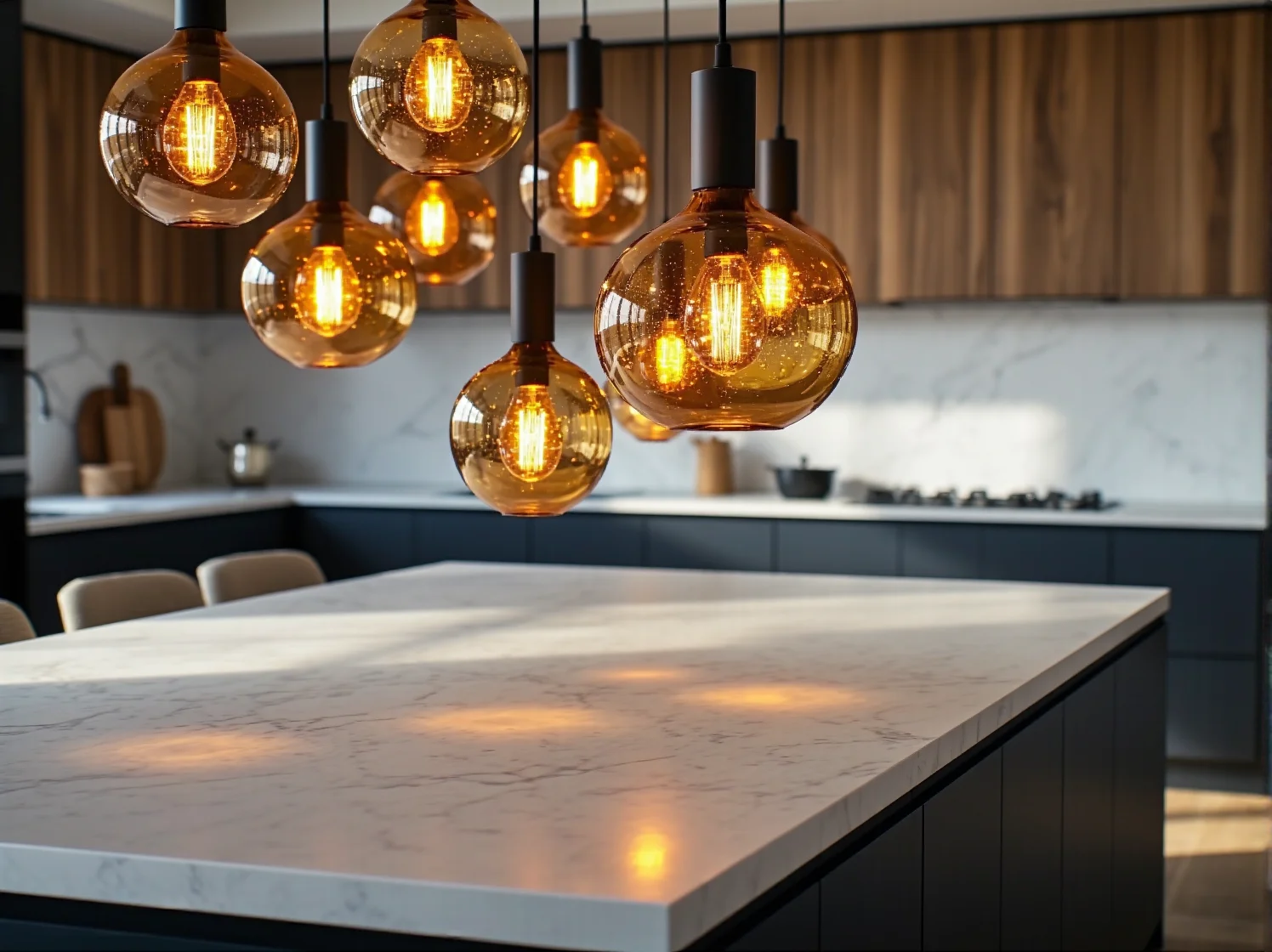 Minimalistyczne oświetlenie wyspy kuchennej w stylu skandynawskim.