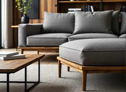 Szary narożnik tapicerowany na drewnianych dębowych nogach