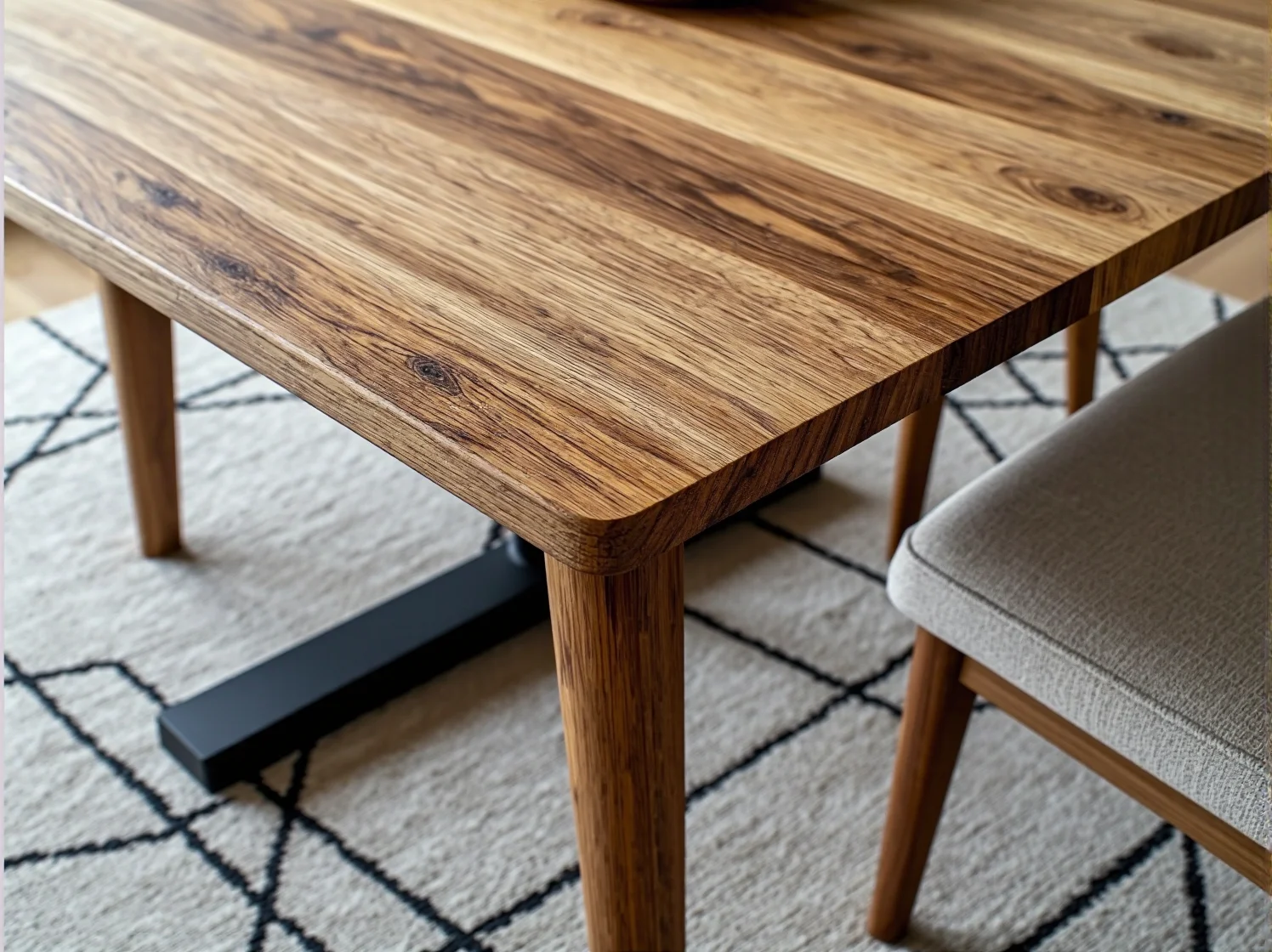 Zbliżenie na dębowy blat i proste nogi stołu scandi w jasnym wnętrzu.