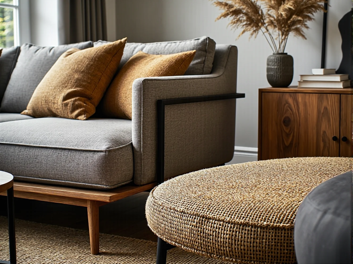 Minimalistyczny skandynawski taras z wygodnym szarym leżakiem modułowym i stolikiem kawowym.