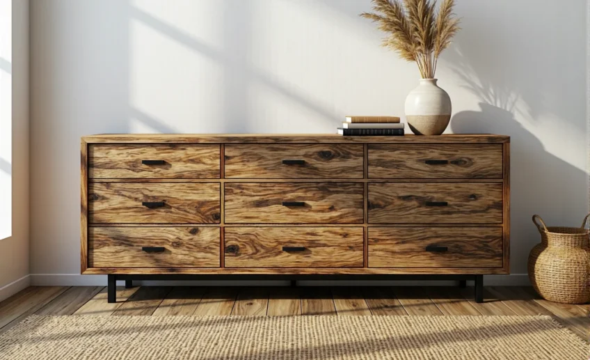 Niska komoda drewniana z dziewięcioma szufladami na metalowej podstawie