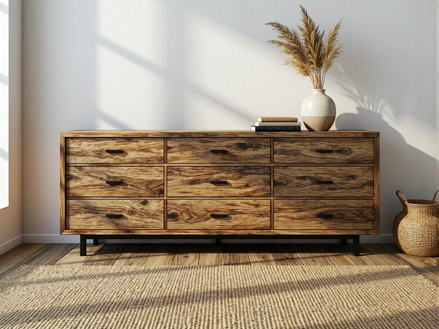 Niska komoda drewniana z dziewięcioma szufladami na metalowej podstawie