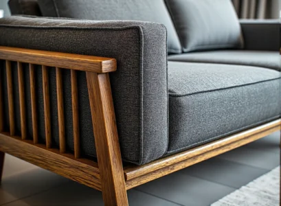 Szara sofa tapicerowana na dębowej ramie ze szczebelkami