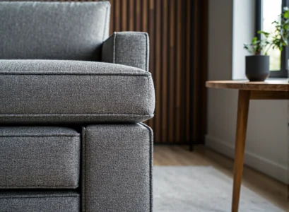 Szary narożnik tapicerowany tkaniną z podłokietnikiem