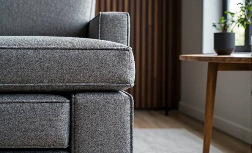 Szary narożnik tapicerowany tkaniną z podłokietnikiem