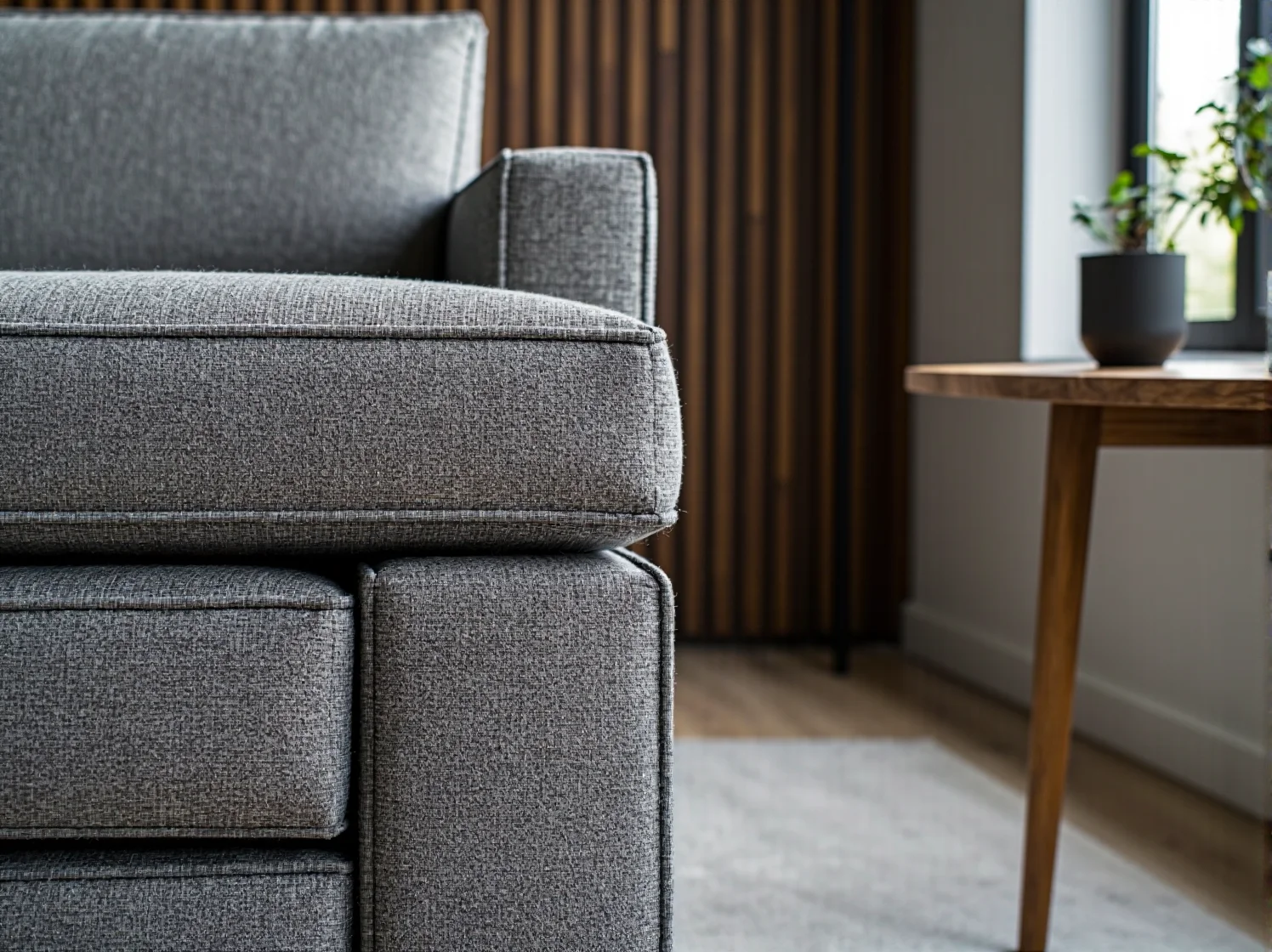 Szary narożnik tapicerowany tkaniną z podłokietnikiem