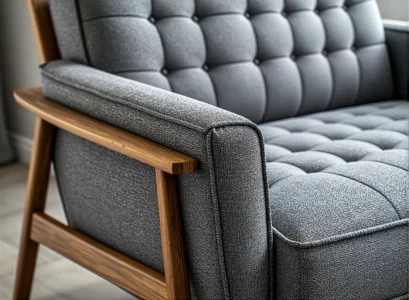 Szara sofa pikowana z drewnianymi podłokietnikami i kieszenią boczną