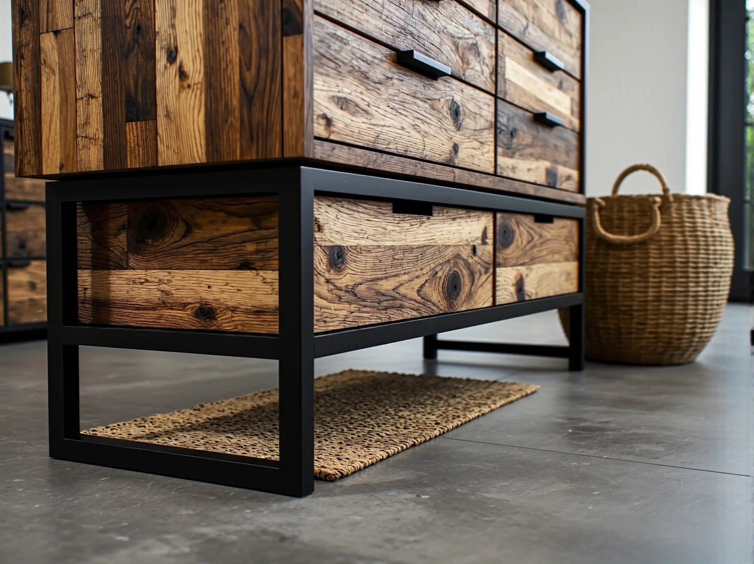 Stylowa komoda loftowa z ekologicznych materiałów jako akcent w nowoczesnym wnętrzu.