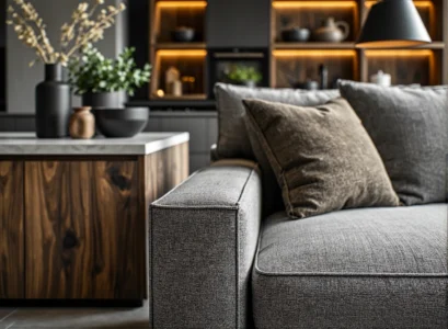 Szara sofa tapicerowana z poduszkami dekoracyjnymi