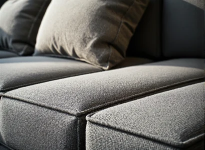 Szara sofa tapicerowana z poduszkami dekoracyjnymi z tkaniny