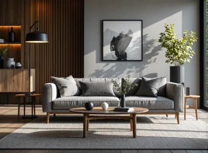 Nowoczesna sofa trzyosobowa szara z poduszkami dekoracyjnymi