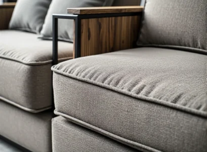 Szara sofa modułowa tapicerowana tkaniną z miękkimi poduszkami