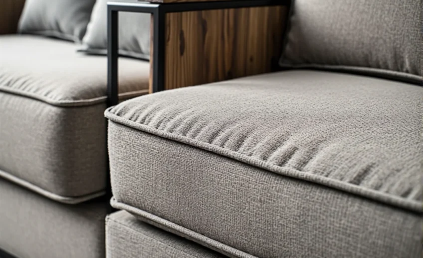 Szara sofa modułowa tapicerowana tkaniną z miękkimi poduszkami