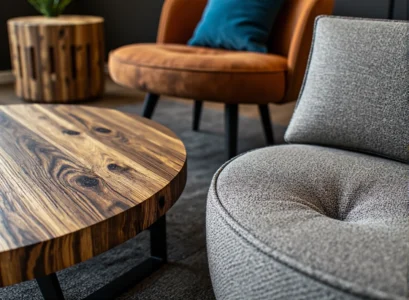 Okrągły stolik kawowy z drewna orzechowego na metalowej podstawie