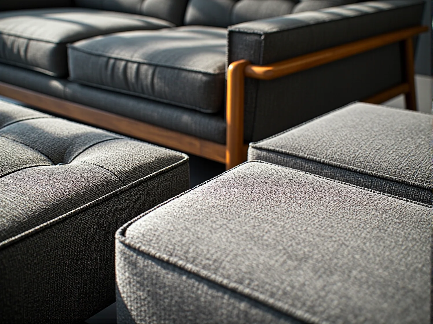 Strefa wypoczynkowa oddzielona od aneksu kuchennego w nowoczesnej kawalerce.