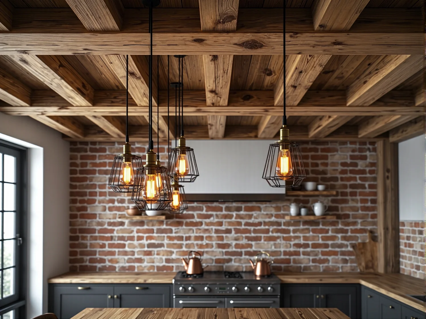 Oświetlenie industrialne w kuchni z naturalnym drewnem
