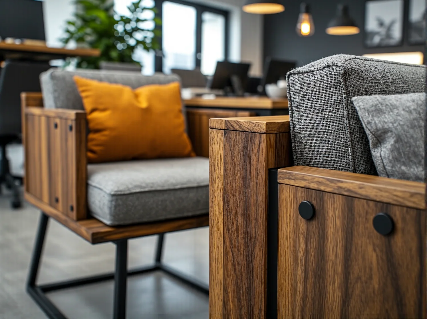 Kreatywne oświetlenie z upcyclingu nad stołem roboczym w strefie pracy wspólnej.