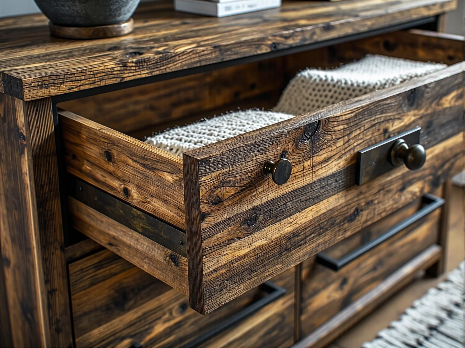 Pielęgnacja drewna: woskowana komoda z naturalnego drewna w stylu rustykalnym.