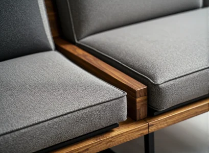 Szara sofa z drewnianą ramą i tapicerowanymi poduszkami