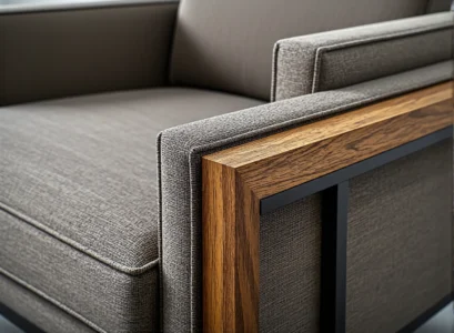 Szara sofa tapicerowana z drewnianym podłokietnikiem dębowym