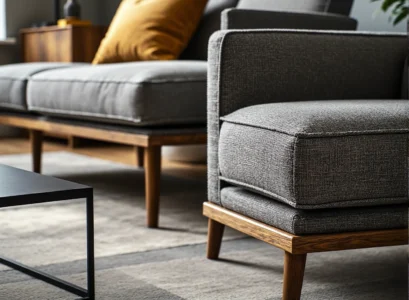 Szara sofa tapicerowana na drewnianych dębowych nóżkach