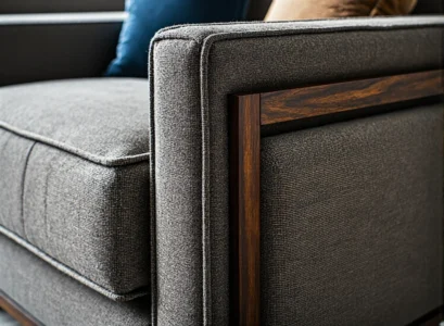 Grafitowa sofa tapicerowana z drewnianym wykończeniem podłokietnika