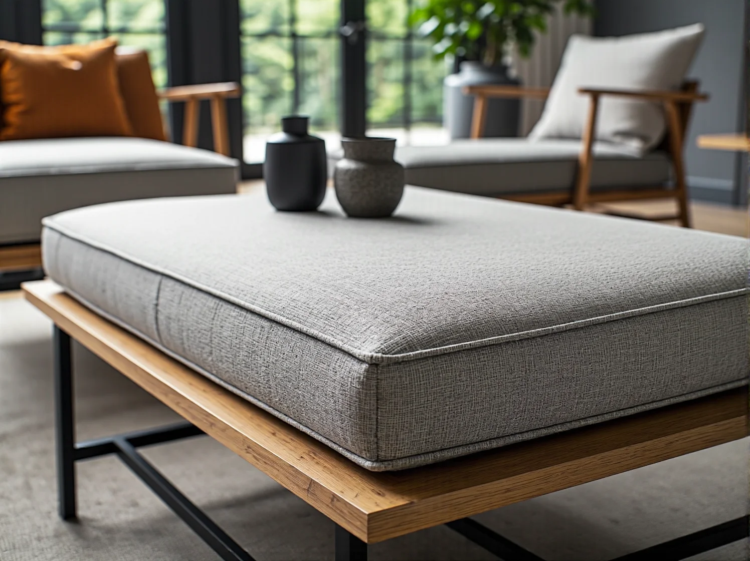 Rattanowy fotel ogrodowy boho z jasnymi poduszkami w otoczeniu roślin.