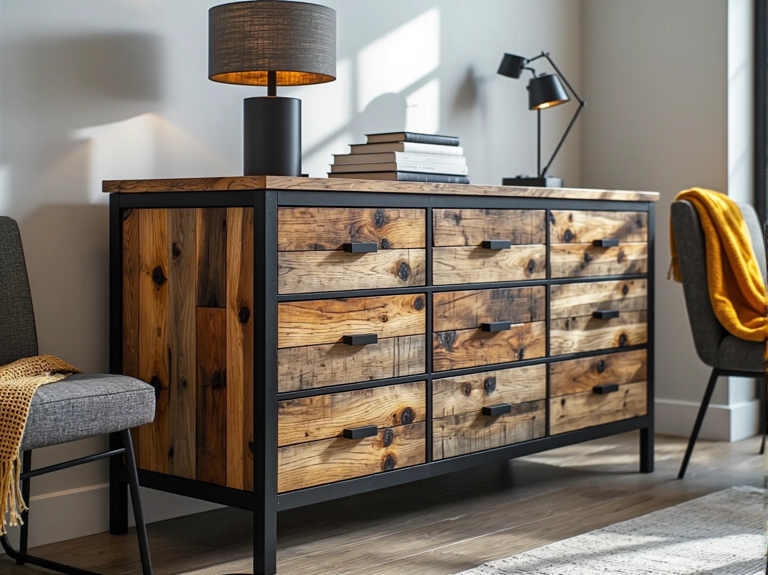 Proces tworzenia ekologicznych mebli: łączenie starych desek z metalową ramą.