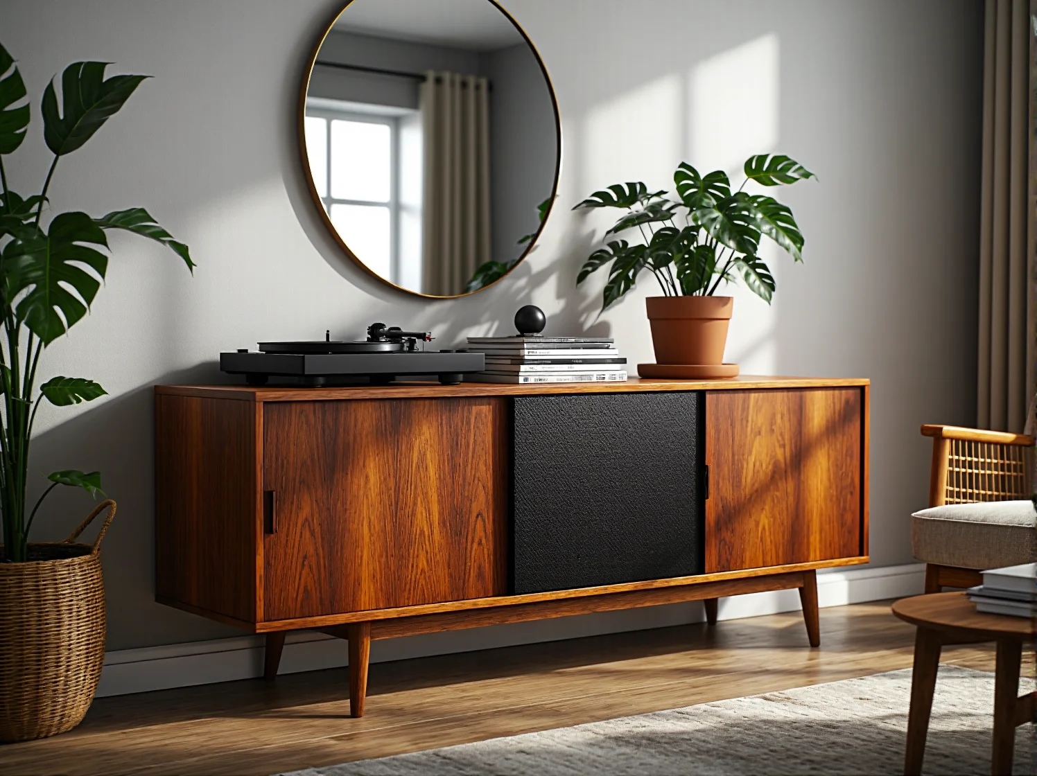 Kompaktowy regał retro oddzielający strefę spania od salonu