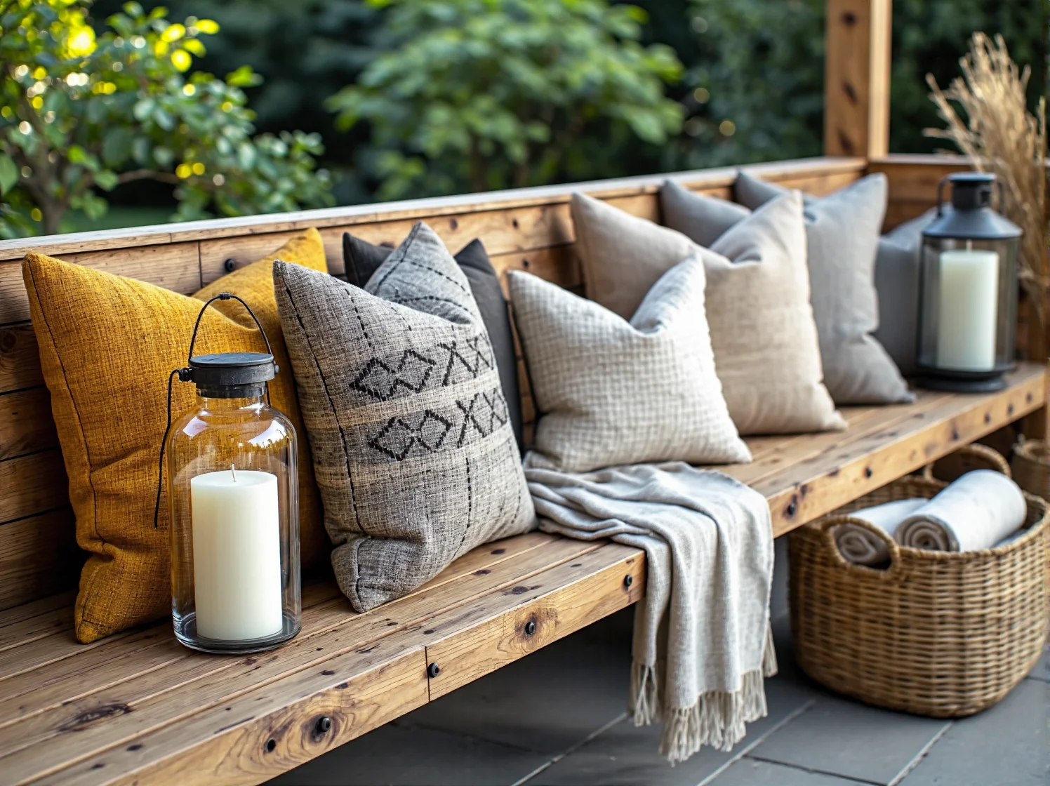 Skandynawski kącik relaksu na świeżym powietrzu z wygodnym fotelem.