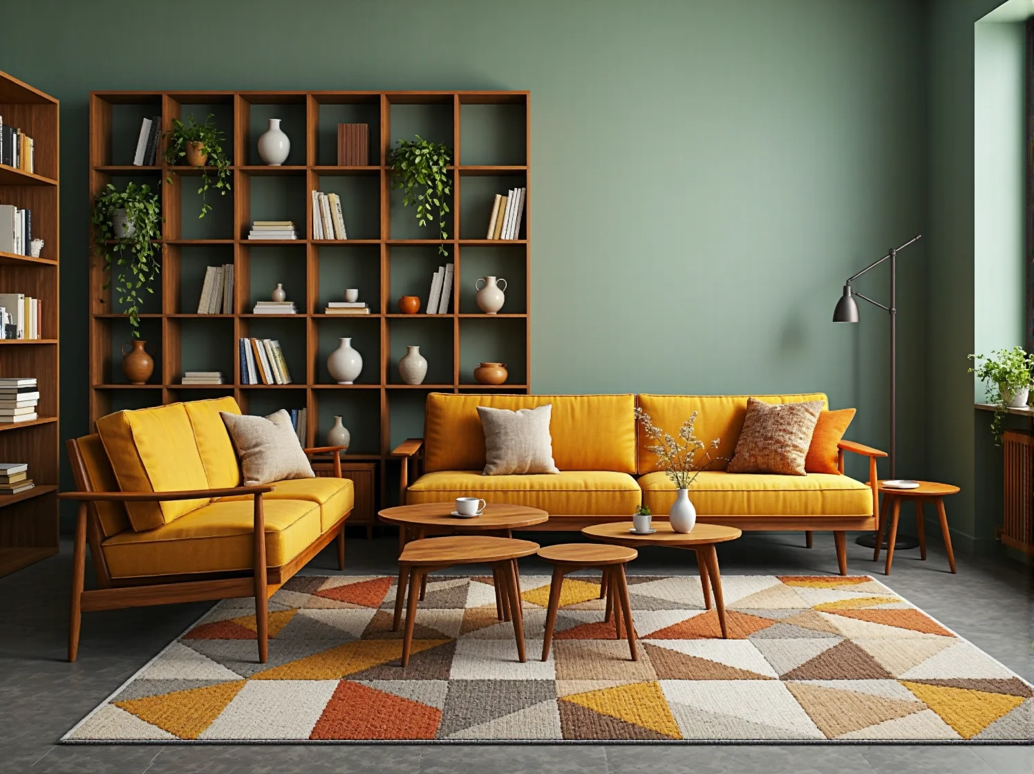 Musztardowy komplet wypoczynkowy z drewnianym stelażem i poduszkami