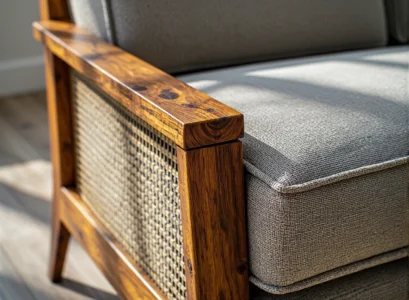 Fotel z drewnianą ramą orzechową i plecionką rattanową