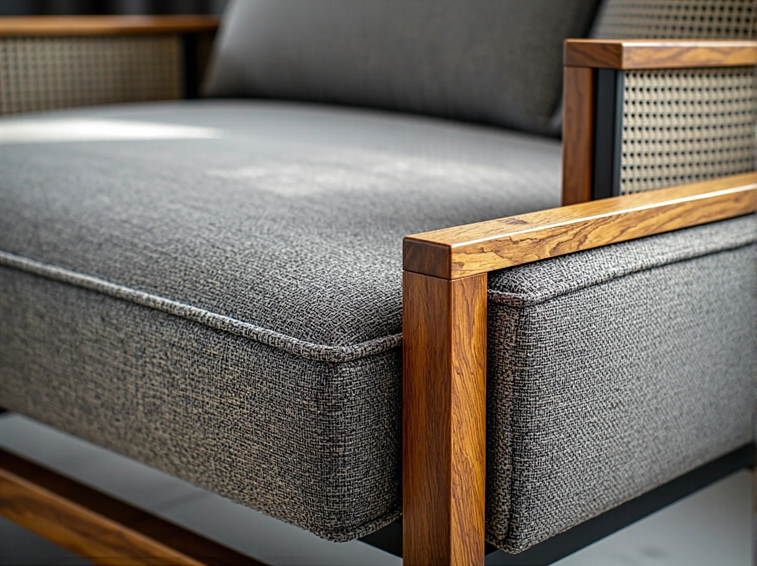 Zbliżenie na naturalny lniany materiał obiciowy sofy w ekologicznym wnętrzu.