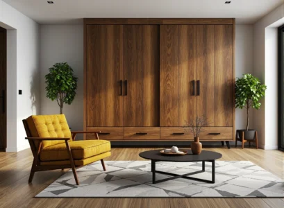 Duża szafa czterodrzwiowa orzechowa z szufladami i czarnymi uchwytami