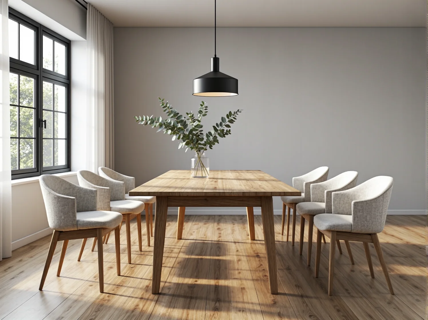 Drewniany stół jadalniany dębowy z tapicerowanymi krzesłami w kolorze beżowym