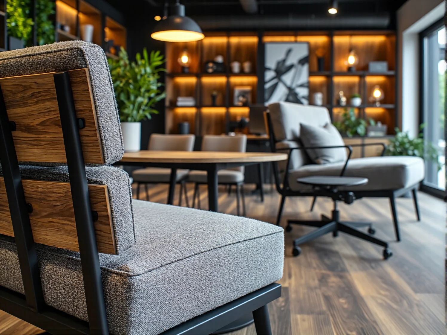 Strefa relaksu w biurze z wygodnymi meblami z palet i ekologicznymi dekoracjami.