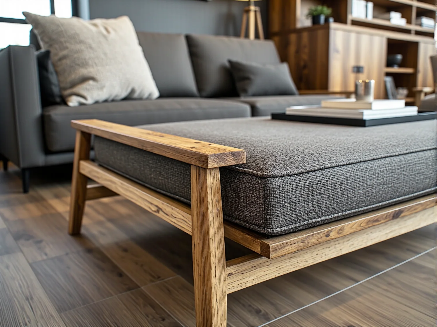 Zbliżenie na idealnie utrzymaną strukturę ekoskóry na nowoczesnym narożniku.