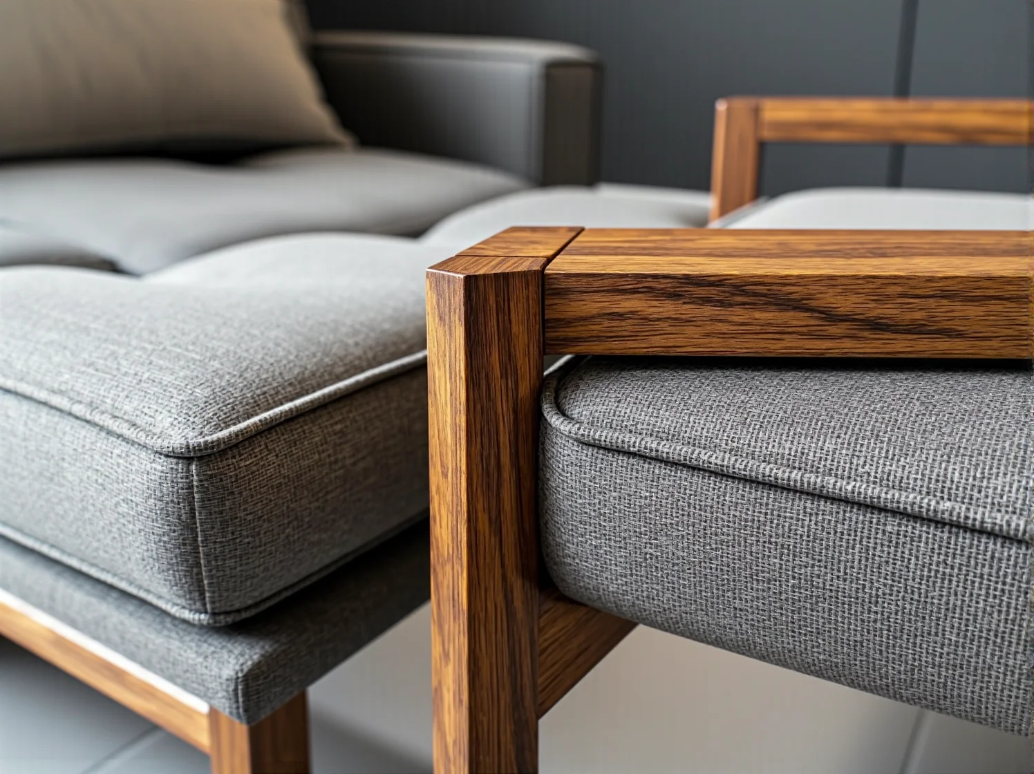 Zbliżenie na naturalną strukturę i słoje mebli z litego drewna dębowego.