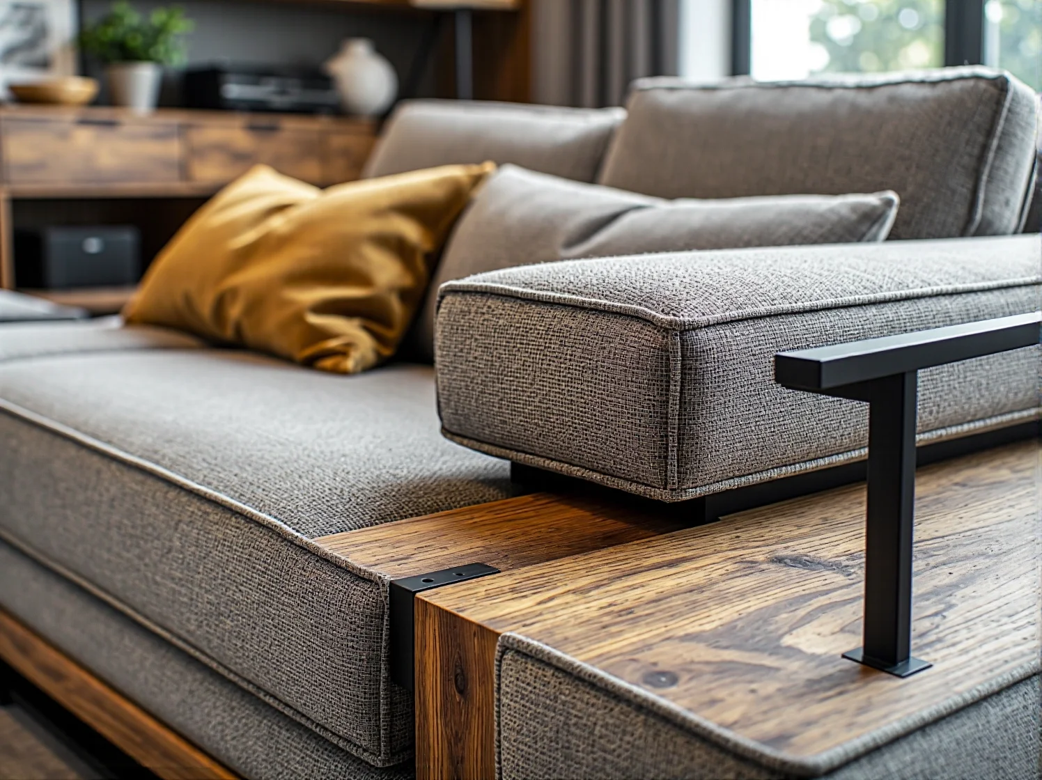 Minimalistyczna szara sofa z różowymi i miętowymi poduszkami w salonie scandi.