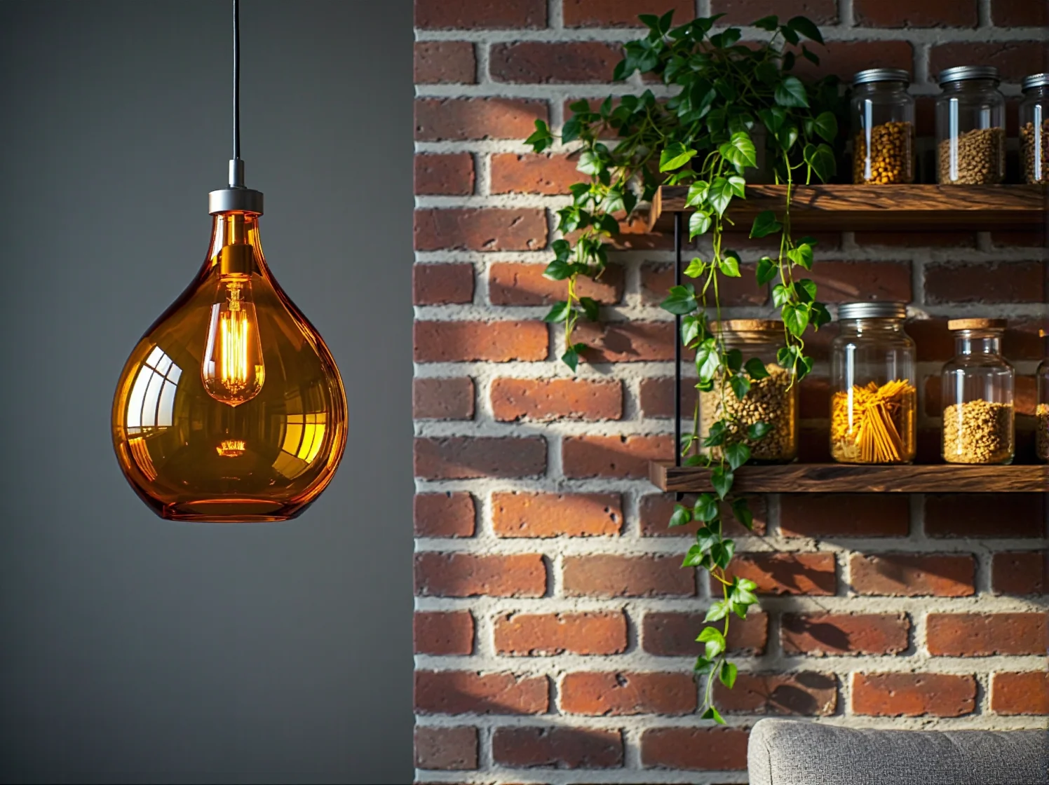 Nowoczesne szklane lampy wiszące na tle ściany z cegły