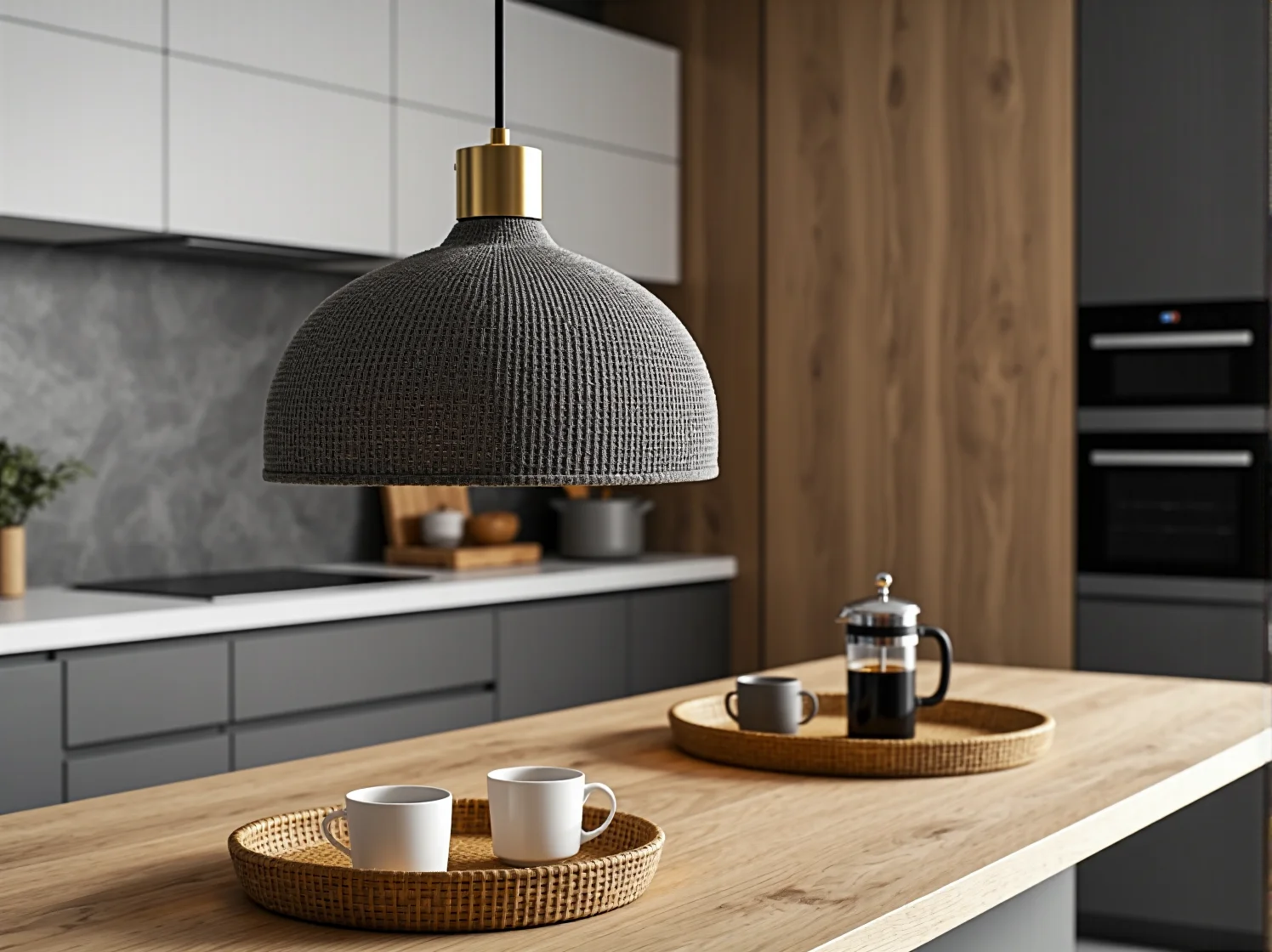 Szklane oprawy oświetleniowe w jasnej kuchni z dużą wyspą.