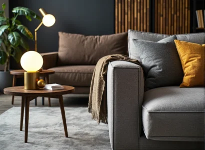 Nowoczesna sofa tapicerowana szara z poduszkami dekoracyjnymi