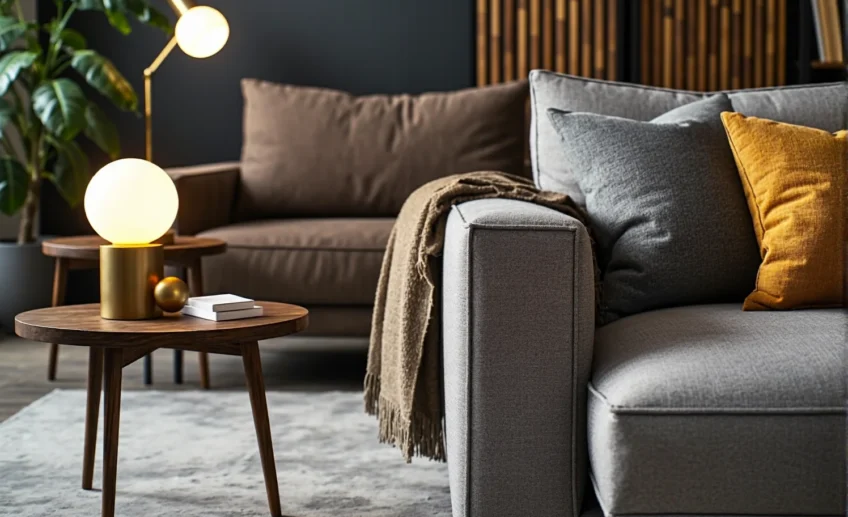 Nowoczesna sofa tapicerowana szara z poduszkami dekoracyjnymi