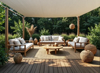 Zestaw mebli ogrodowych drewnianych z jasnymi poduszkami