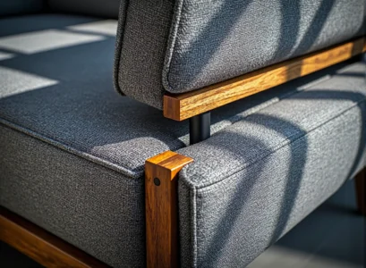 Szary fotel tapicerowany z drewnianymi podłokietnikami w stylu loft