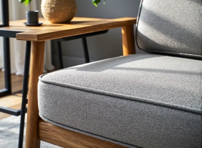 Szary fotel wypoczynkowy na drewnianym stelażu dębowym