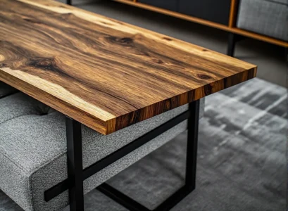 Stolik kawowy z litego drewna na metalowych nogach