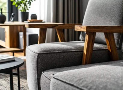 Szary fotel tapicerowany z drewnianymi podłokietnikami i nogami